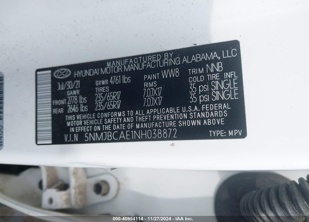 2022 HYUNDAI TUCSON SEL VIN: 5NMJBCAE1NH038872