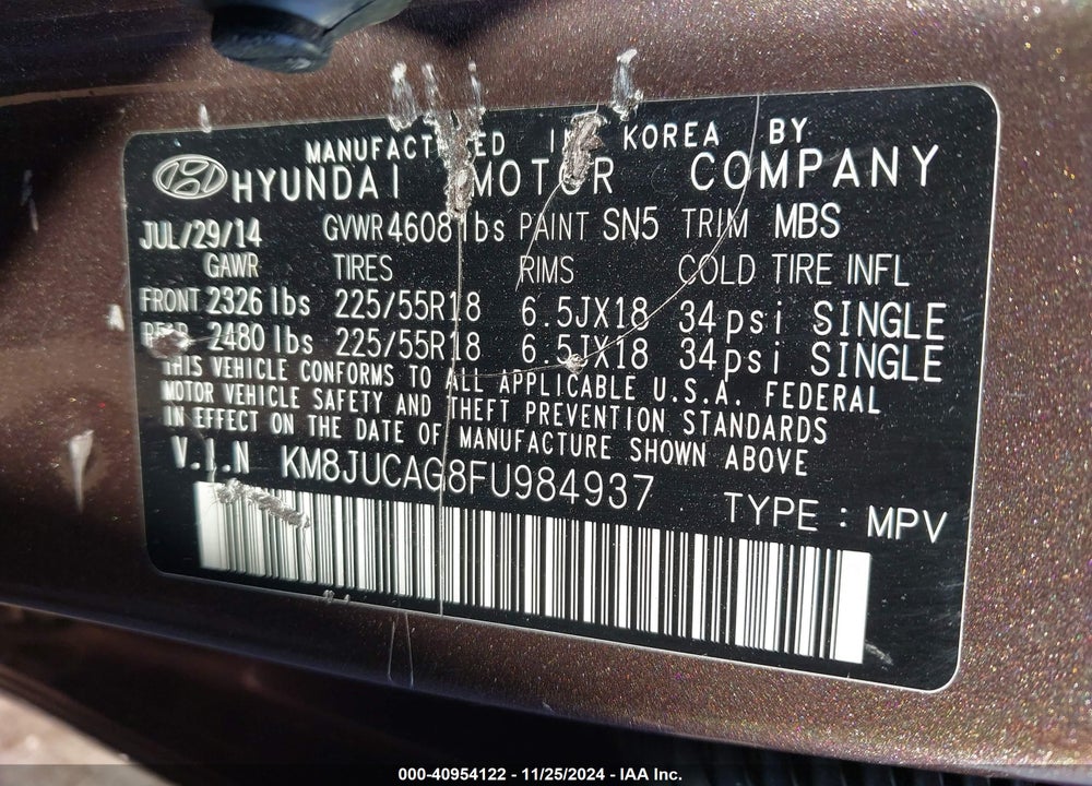 2015 HYUNDAI TUCSON LIMITED VIN: KM8JUCAG8FU984937