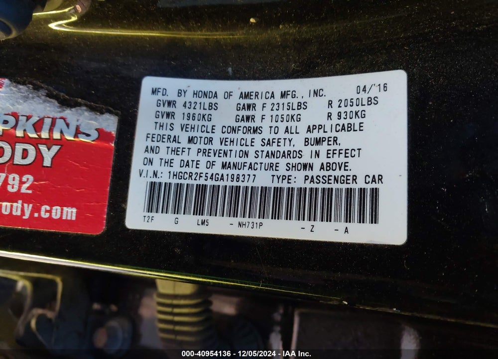 2016 HONDA ACCORD SPORT VIN: 1HGCR2F54GA198377
