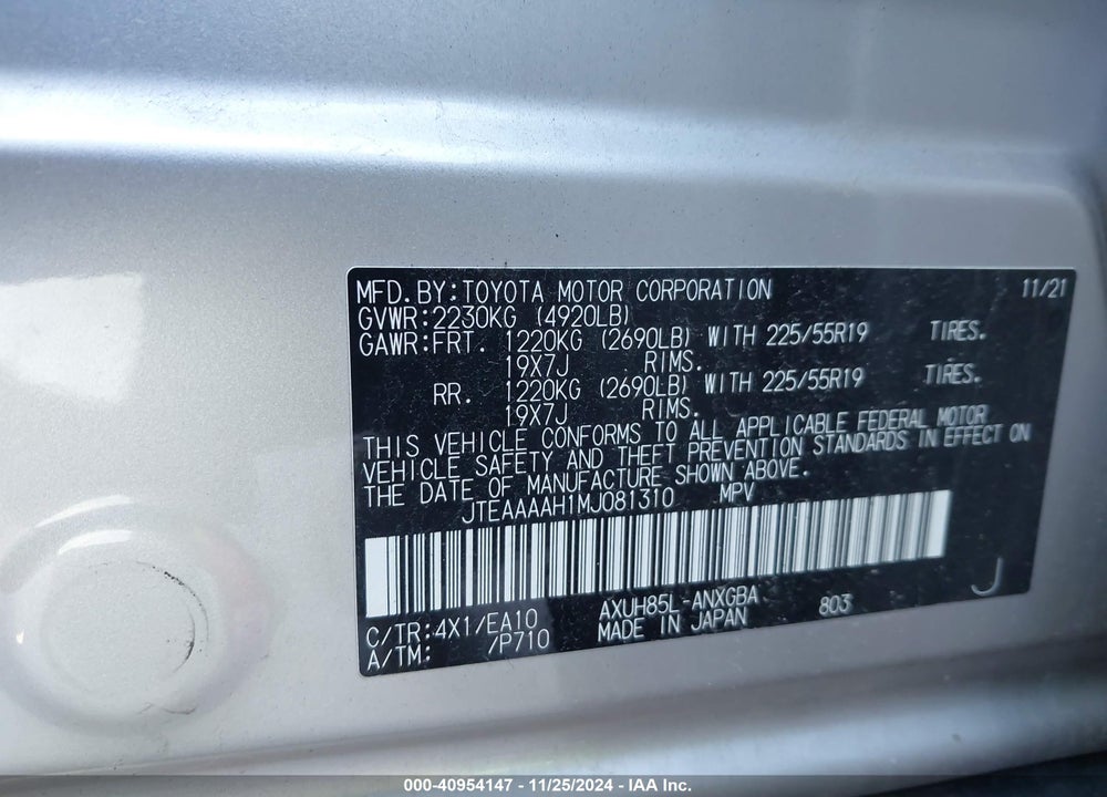 2021 TOYOTA VENZA XLE VIN: JTEAAAAH1MJ081310