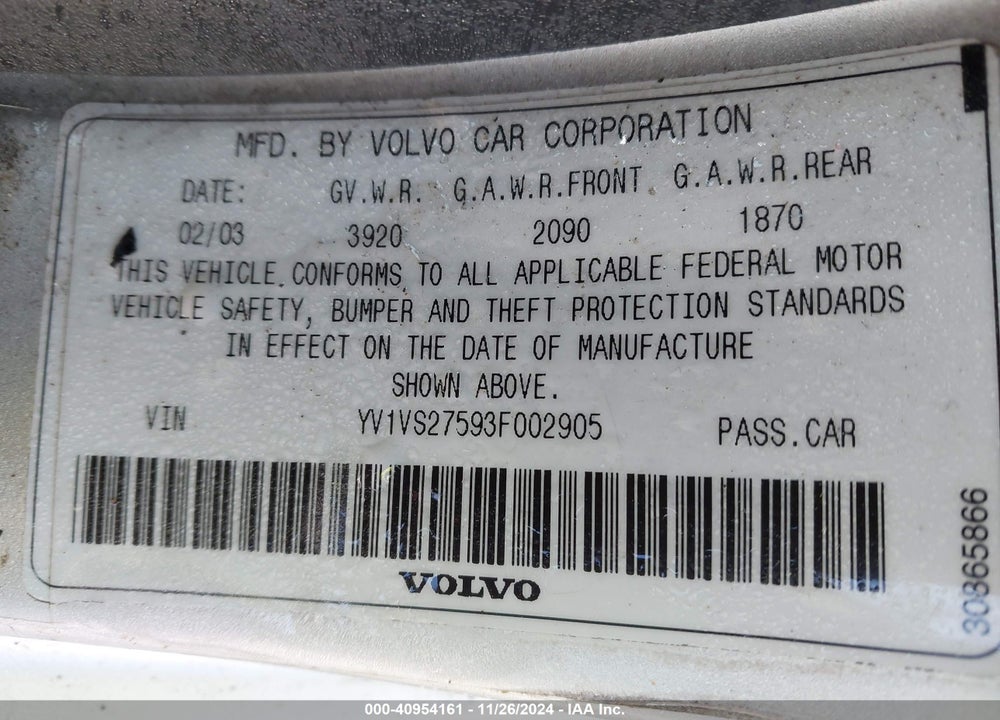 2003 VOLVO S40 A VIN: YV1VS27593F002905