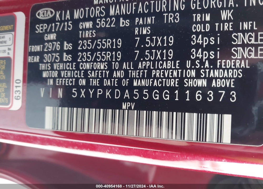 2016 KIA SORENTO 3.3L SX VIN: 5XYPKDA55GG116373