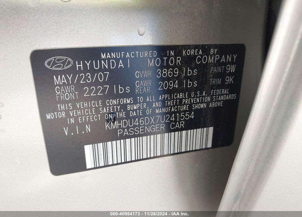 2007 HYUNDAI ELANTRA GLS/LIMITED/SE VIN: KMHDU46DX7U241554