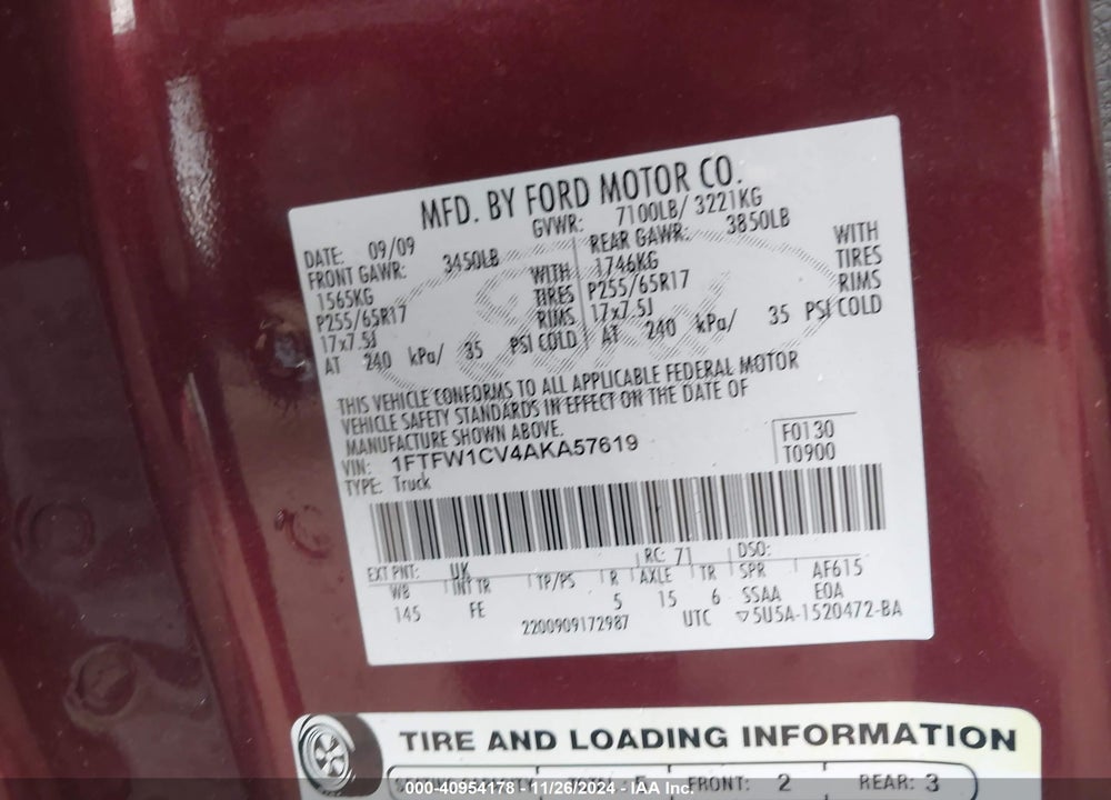 2010 HARLEY-DAVIDSON FORD F-150 FX2 SPORT//KING RANCH/LARIAT/PLATINUM/XL/XLT VIN: 1FTFW1CV4AKA57619