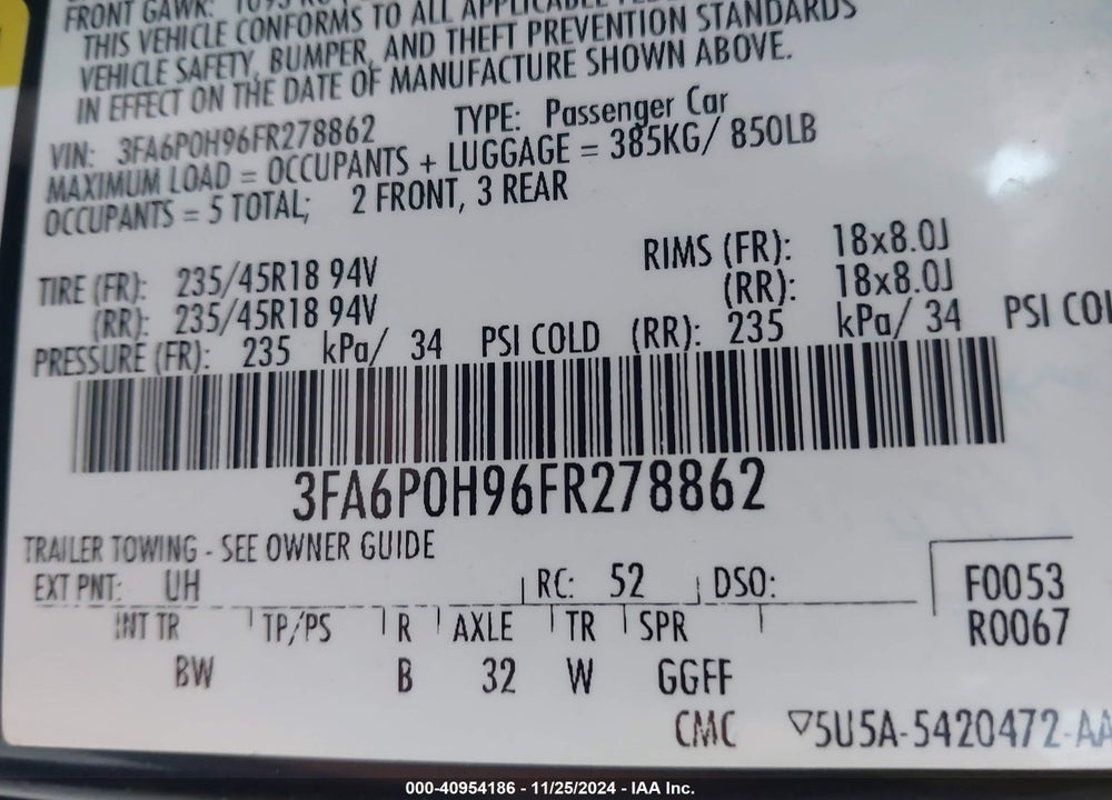 2015 FORD FUSION SE VIN: 3FA6P0H96FR278862