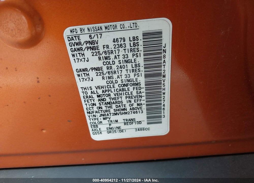 2017 NISSAN ROGUE S VIN: JN8AT2MV5HW274613
