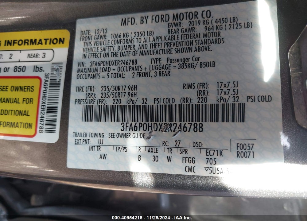 2014 FORD FUSION SE VIN: 3FA6P0HDXER246788