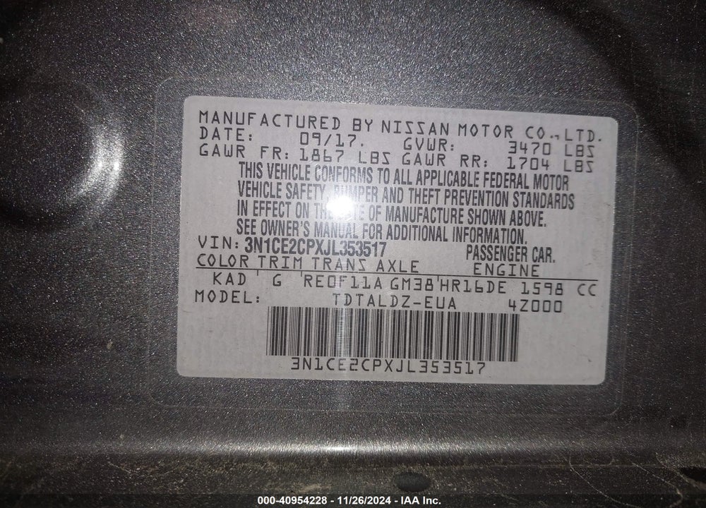 2018 NISSAN VERSA NOTE SV VIN: 3N1CE2CPXJL353517