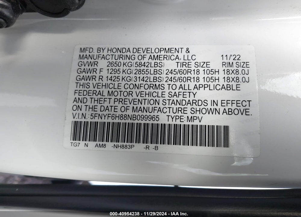 2022 HONDA PILOT AWD TRAILSPORT VIN: 5FNYF6H88NB099965