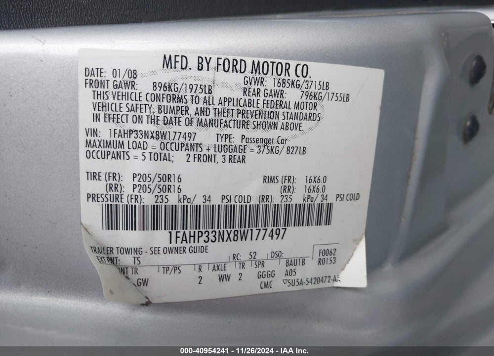 2008 FORD FOCUS SE/SES VIN: 1FAHP33NX8W177497