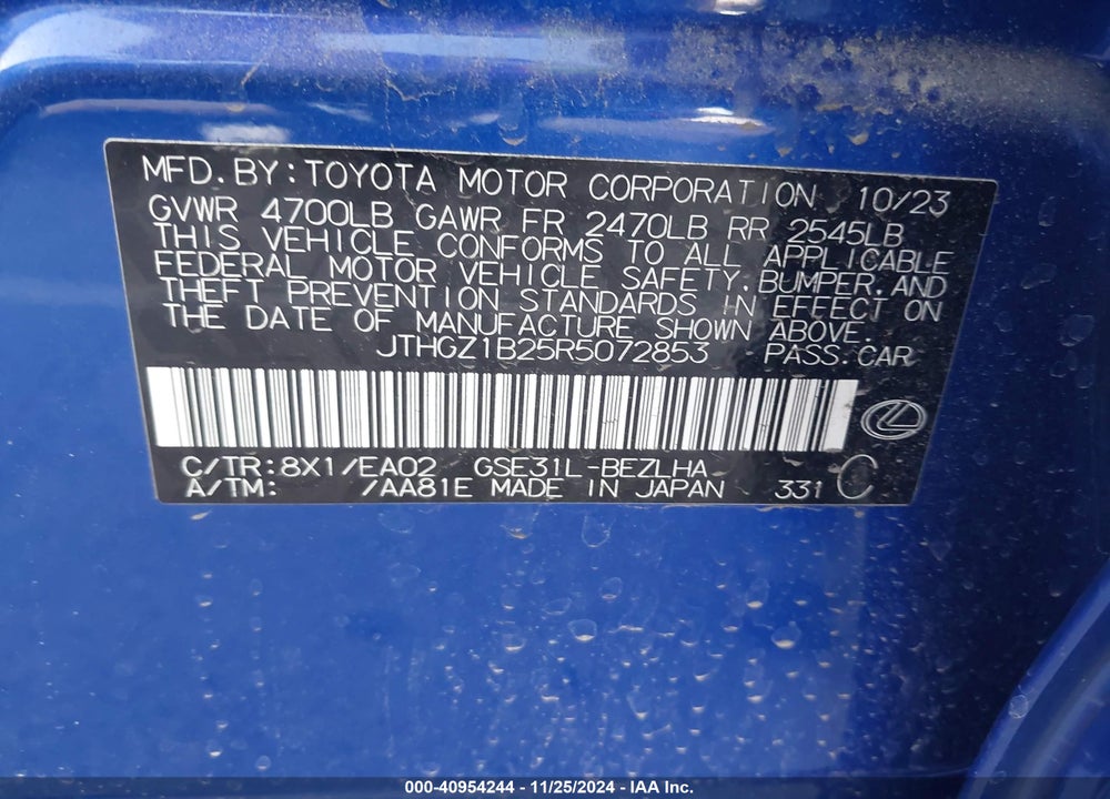 2024 LEXUS IS 350 F-SPORT VIN: JTHGZ1B25R5072853
