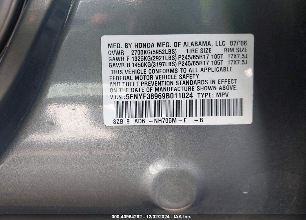 2009 HONDA PILOT TOURING VIN: 5FNYF38969B011024