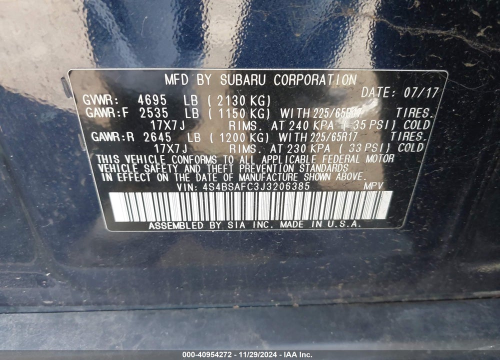 2018 SUBARU OUTBACK 2.5I PREMIUM VIN: 4S4BSAFC3J3206385