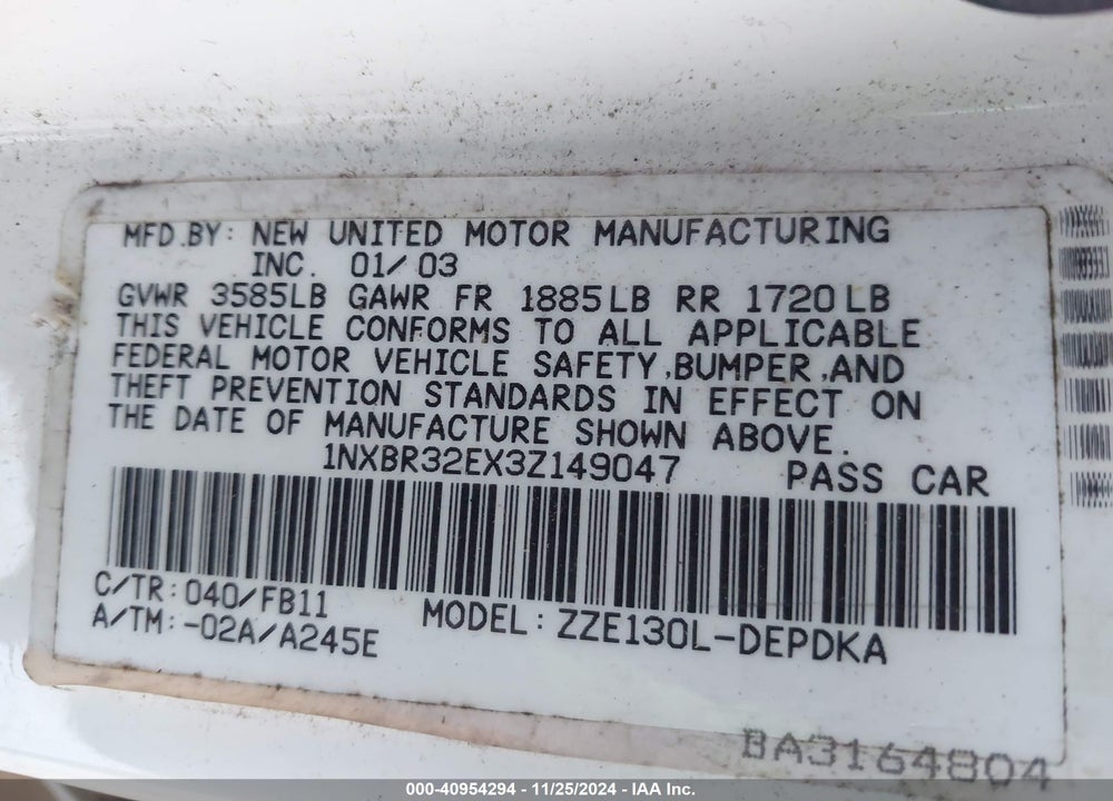 2003 TOYOTA COROLLA CE VIN: 1NXBR32EX3Z149047