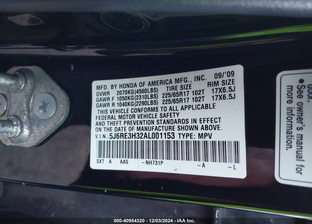 2010 HONDA CR-V LX VIN: 5J6RE3H32AL001153