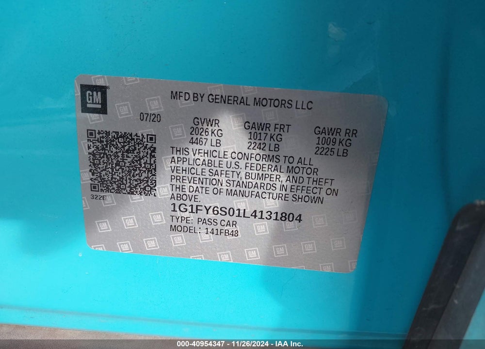 2020 CHEVROLET BOLT EV FWD LT VIN: 1G1FY6S01L4131804