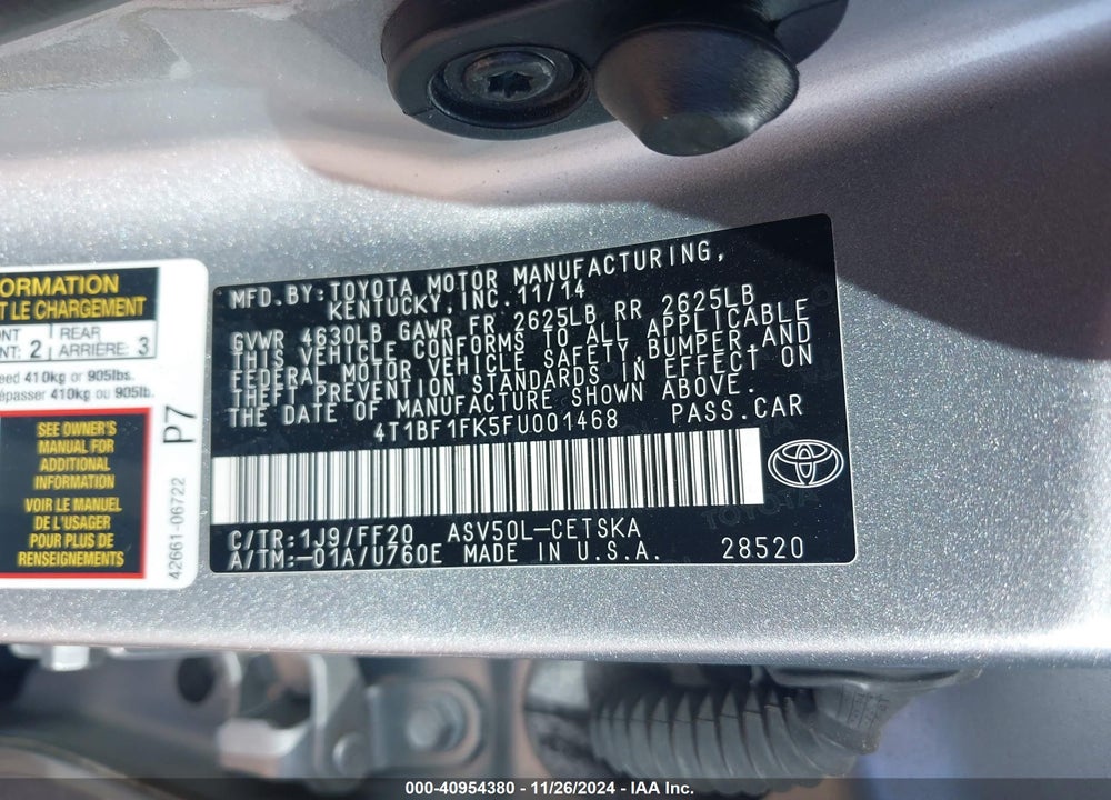 2015 TOYOTA CAMRY SE VIN: 4T1BF1FK5FU001468