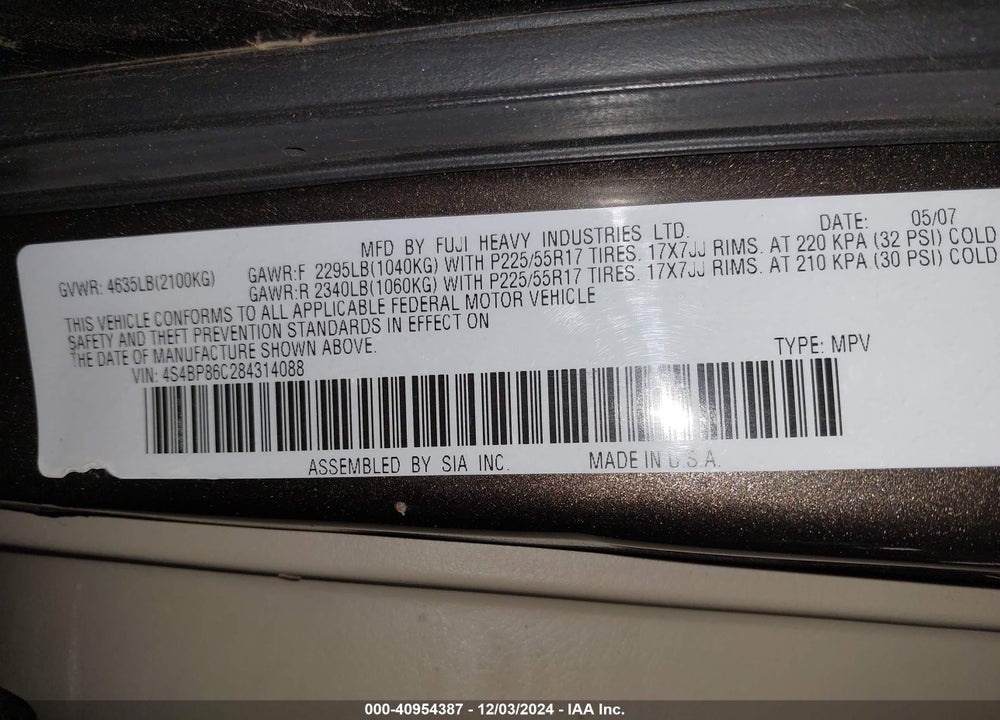2008 SUBARU OUTBACK VIN: 4S4BP86C284314088