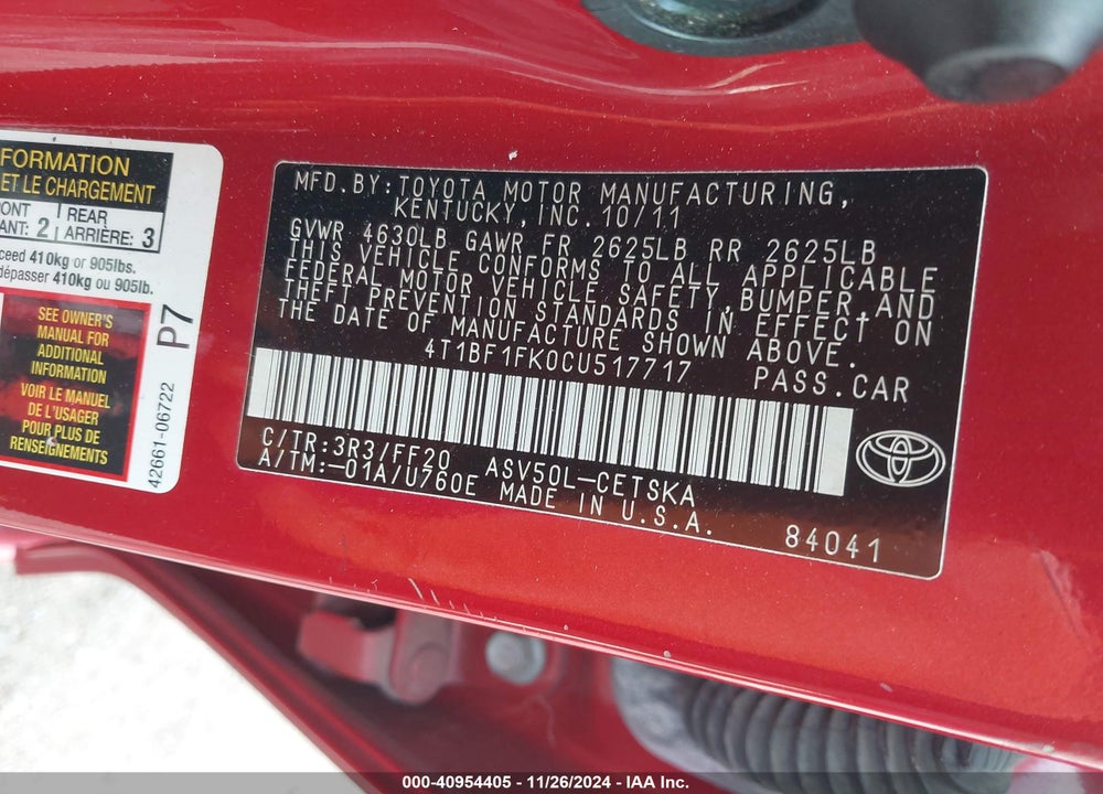 2012 TOYOTA CAMRY SE VIN: 4T1BF1FK0CU517717