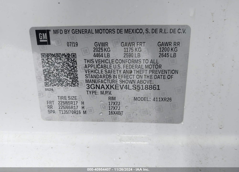 2020 CHEVROLET EQUINOX FWD LT 1.5L TURBO VIN: 3GNAXKEV4LS518861