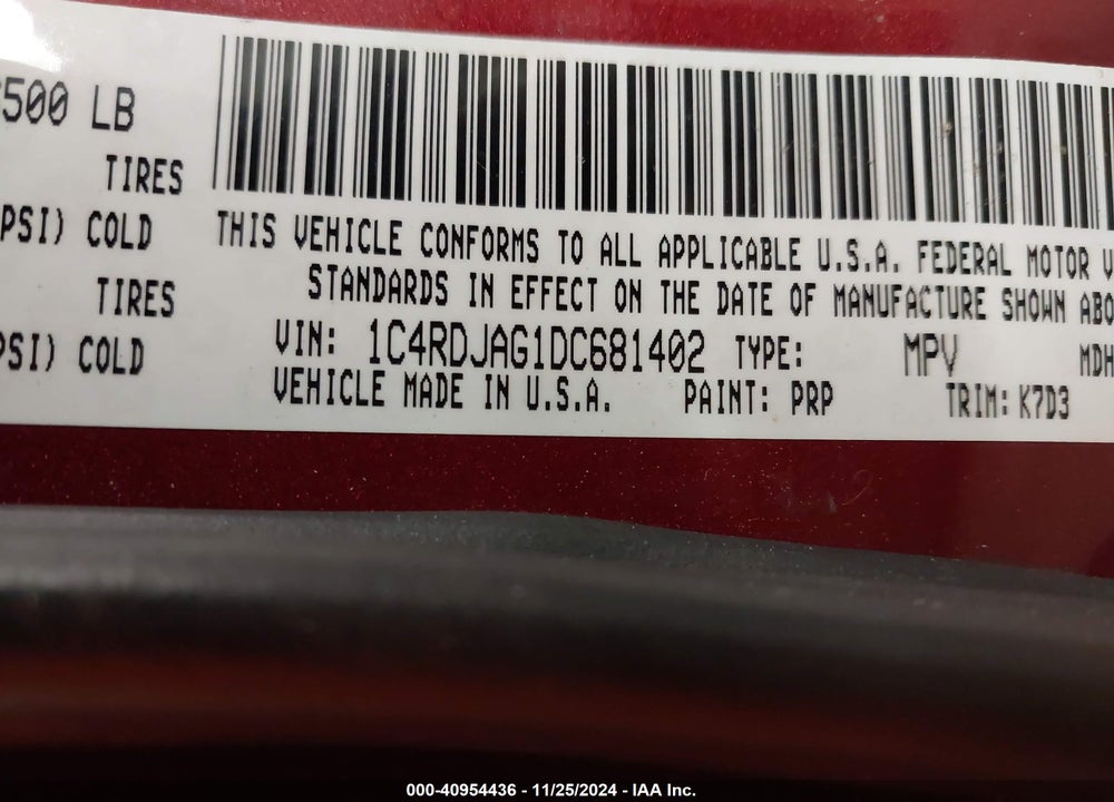 2013 DODGE DURANGO SXT VIN: 1C4RDJAG1DC681402