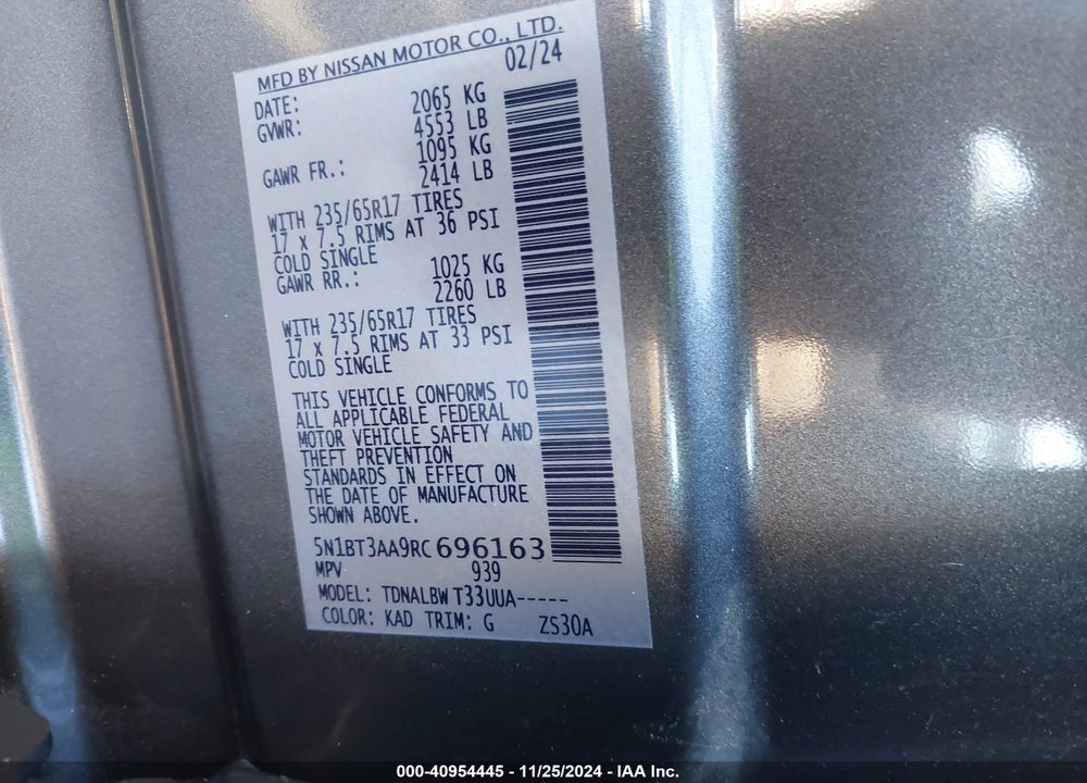 2024 NISSAN ROGUE S FWD VIN: 5N1BT3AA9RC696163