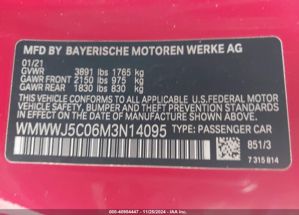 2021 MINI CONVERTIBLE COOPER S VIN: WMWWJ5C06M3N14095