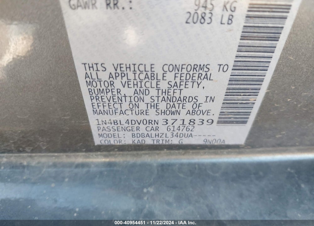 2024 NISSAN ALTIMA SV FWD VIN: 1N4BL4DV0RN371839
