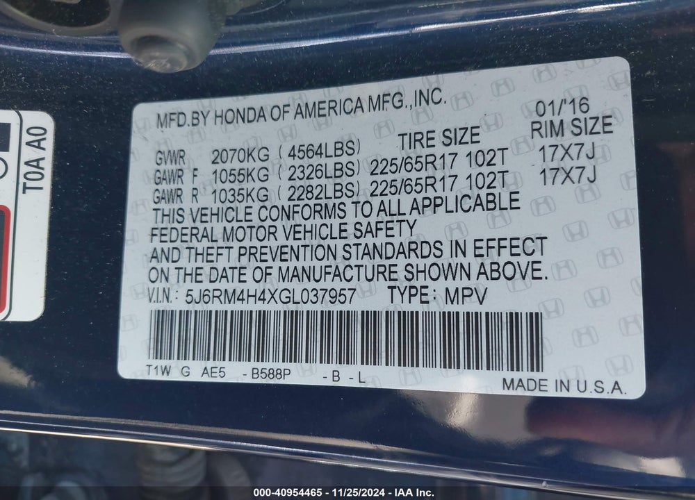 2016 HONDA CR-V SE VIN: 5J6RM4H4XGL037957