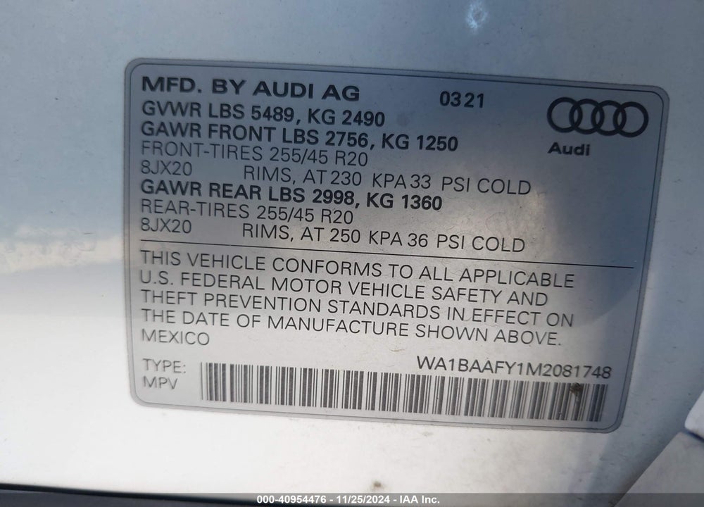 2021 AUDI Q5 PREMIUM PLUS 45 TFSI QUATTRO S TRONIC VIN: WA1BAAFY1M2081748