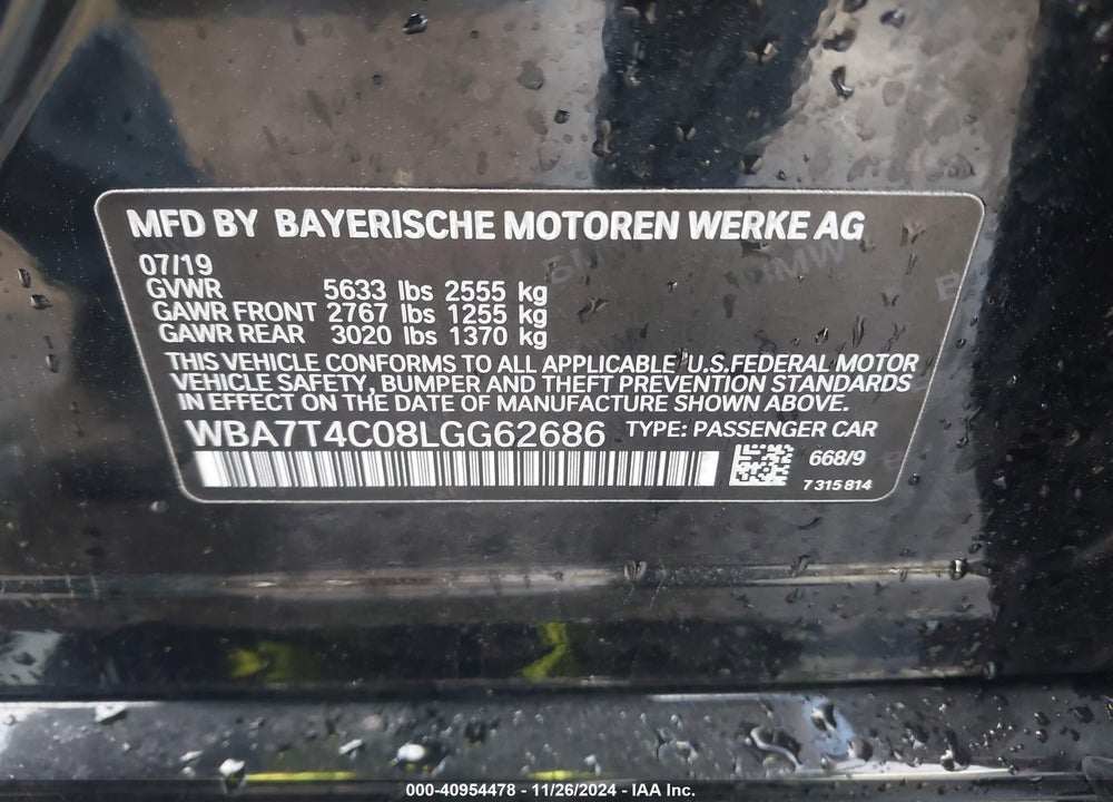 2020 BMW 740I XDRIVE VIN: WBA7T4C08LGG62686