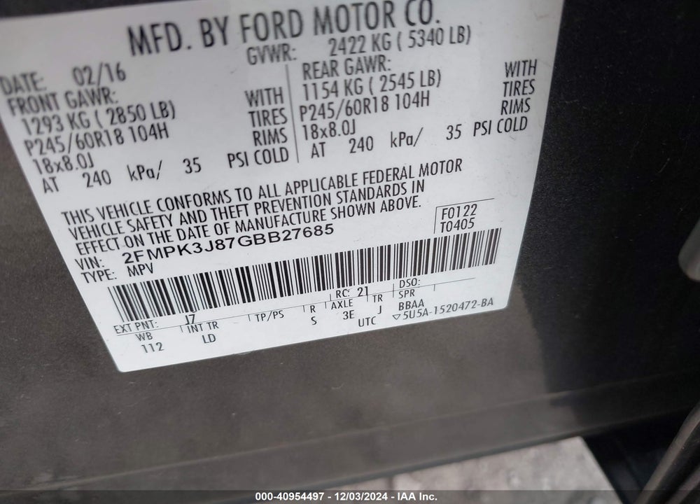 2016 FORD EDGE SEL VIN: 2FMPK3J87GBB27685