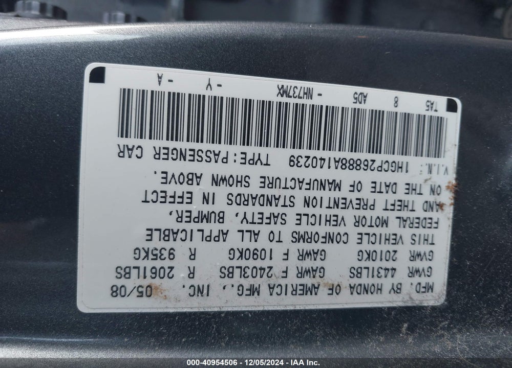 2008 HONDA ACCORD 2.4 EX-L VIN: 1HGCP26888A140239