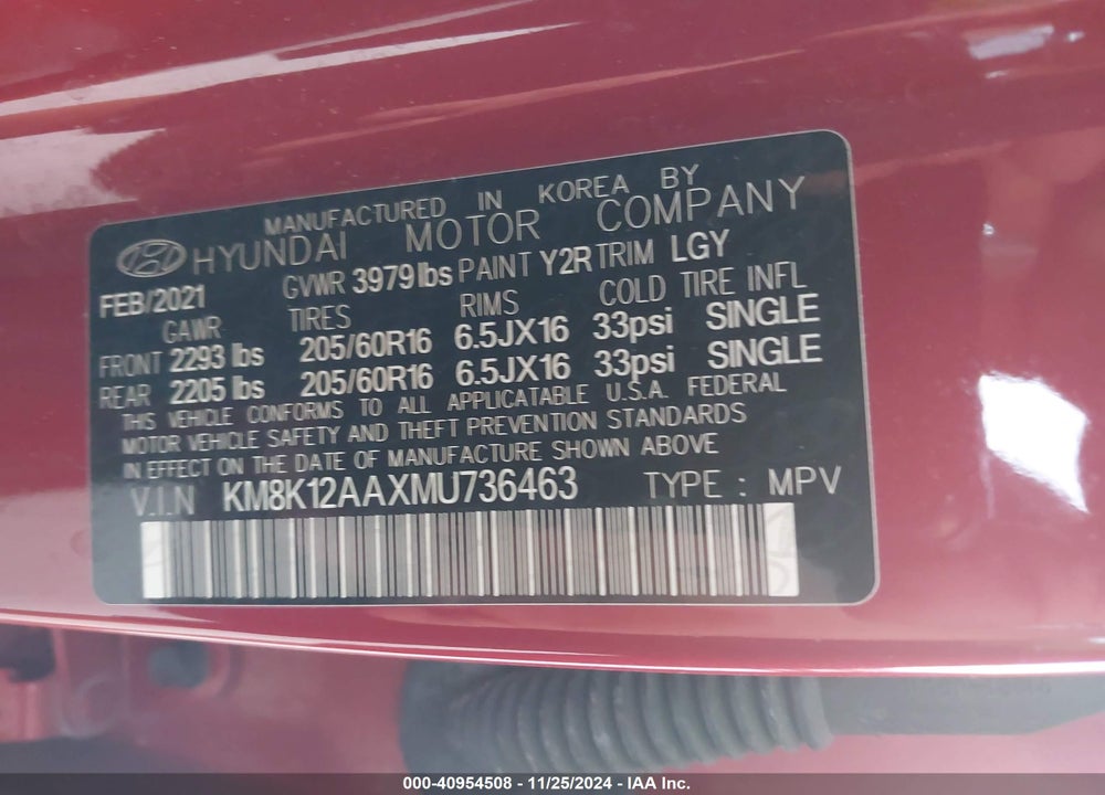 2021 HYUNDAI KONA SE VIN: KM8K12AAXMU736463