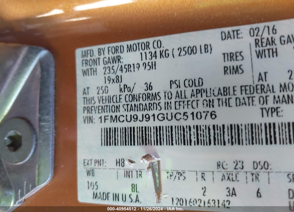 2016 FORD ESCAPE TITANIUM VIN: 1FMCU9J91GUC51076