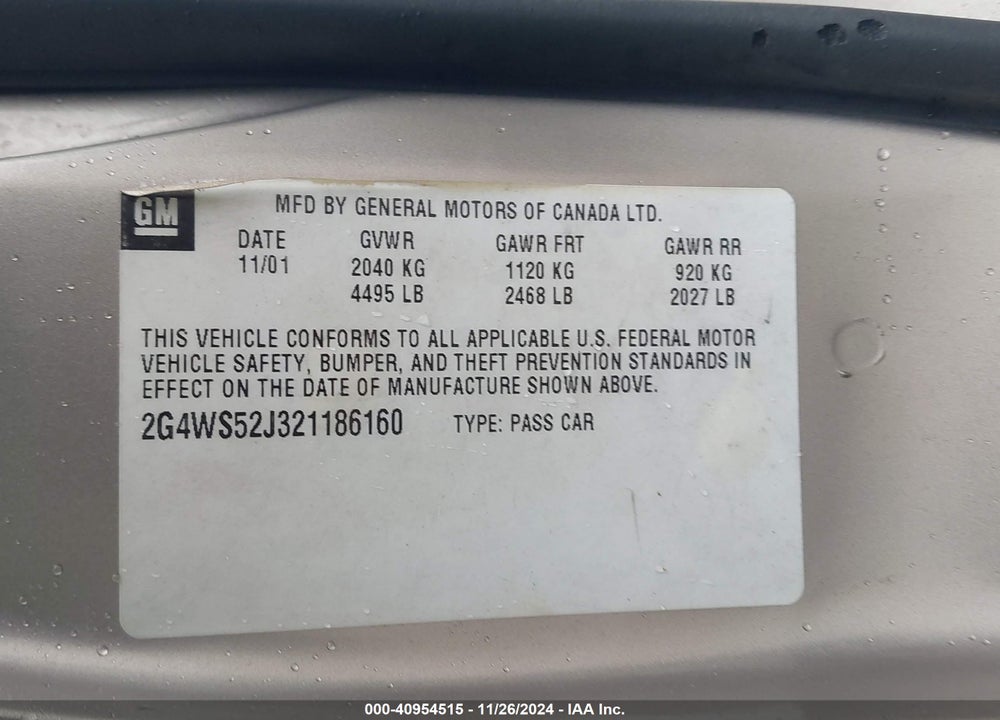 2002 BUICK CENTURY CUSTOM VIN: 2G4WS52J321186160