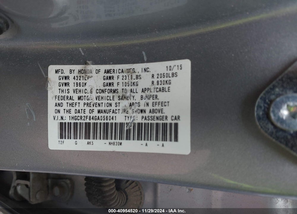 2016 HONDA ACCORD EX-L VIN: 1HGCR2F84GA056041