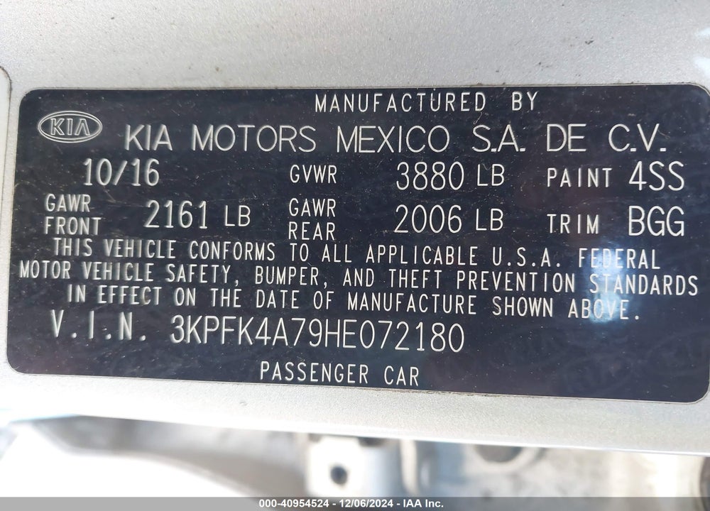 2017 KIA FORTE LX VIN: 3KPFK4A79HE072180