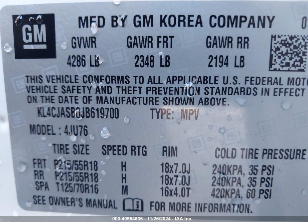 2018 BUICK ENCORE PREFERRED VIN: KL4CJASB0JB619700