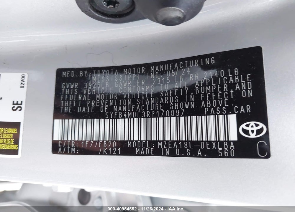 2024 TOYOTA COROLLA LE VIN: 5YFB4MDE3RP170897