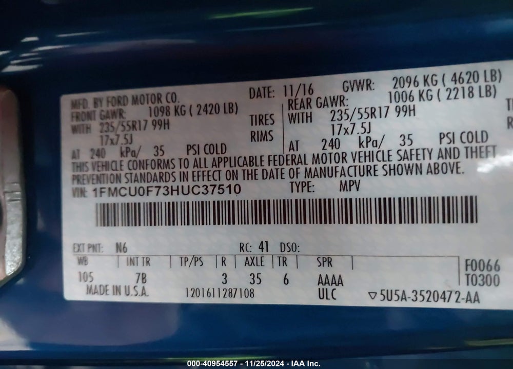 2017 FORD ESCAPE S VIN: 1FMCU0F73HUC37510