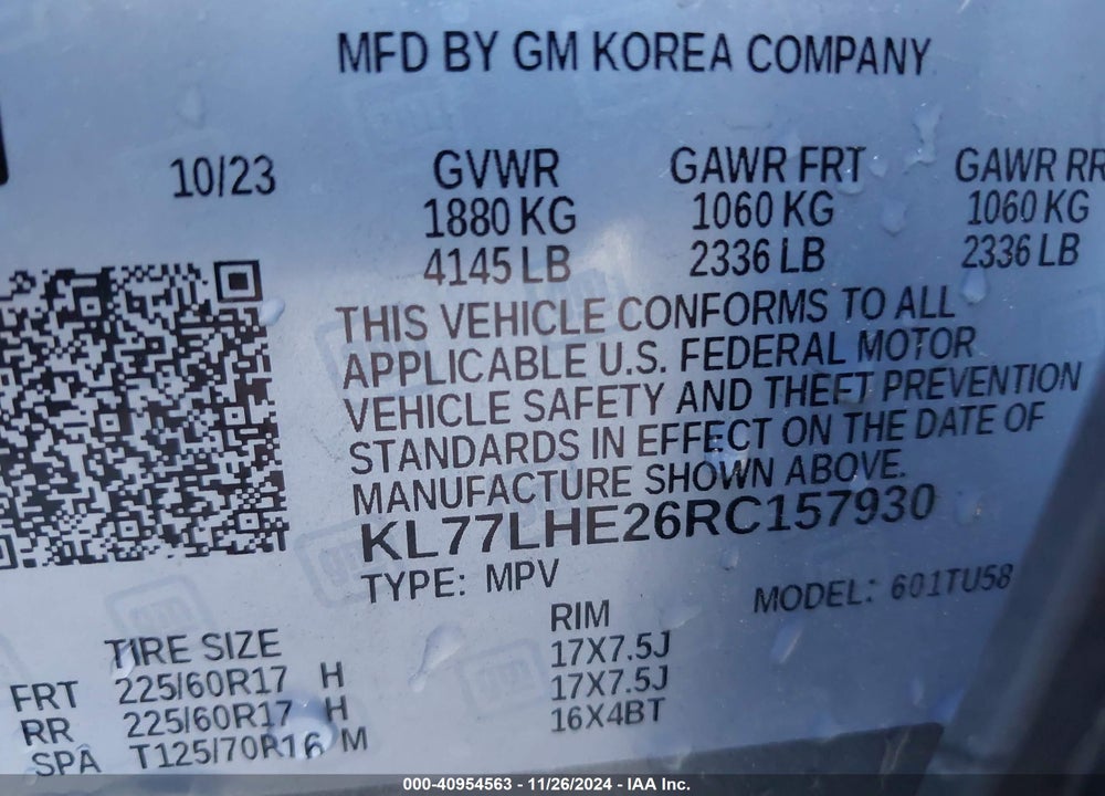 2024 CHEVROLET TRAX FWD LT VIN: KL77LHE26RC157930