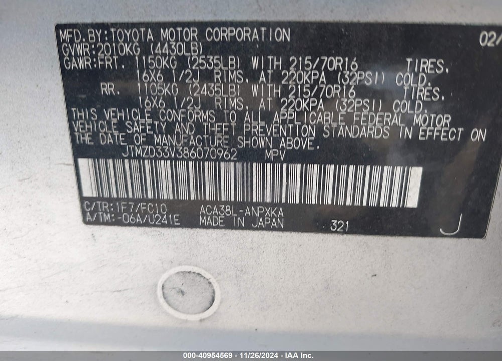 2008 TOYOTA RAV4 VIN: JTMZD33V386070962