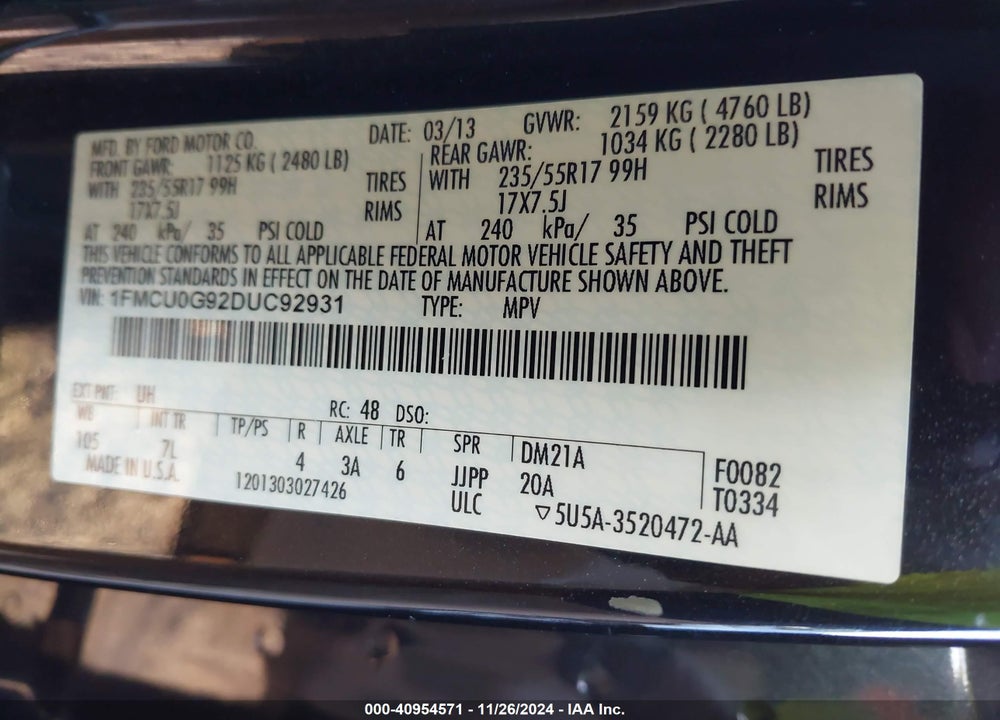 2013 FORD ESCAPE SE VIN: 1FMCU0G92DUC92931
