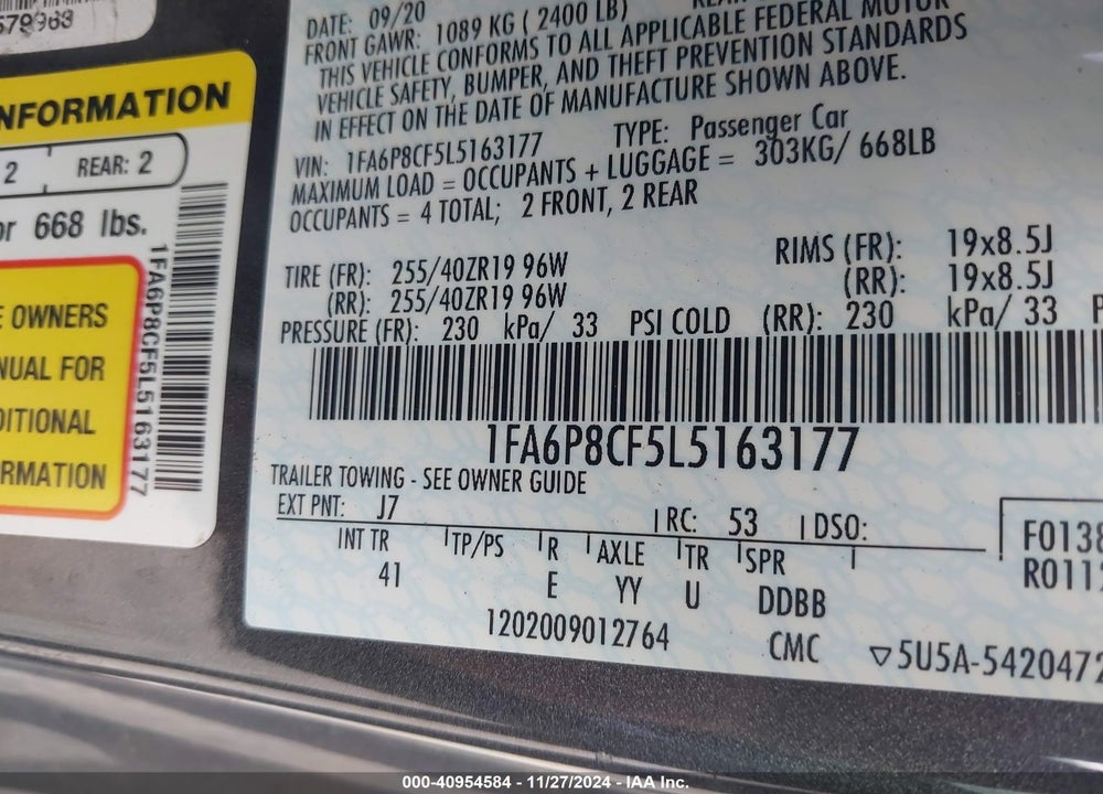 2020 FORD MUSTANG GT PREMIUM VIN: 1FA6P8CF5L5163177