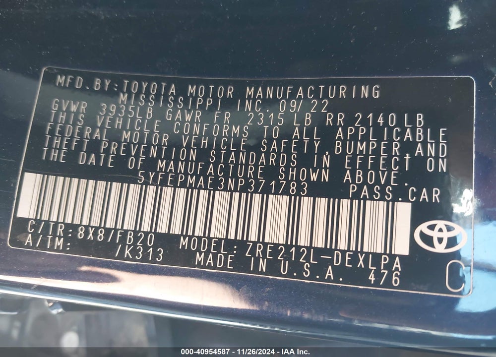 2022 TOYOTA COROLLA LE VIN: 5YFEPMAE3NP371783