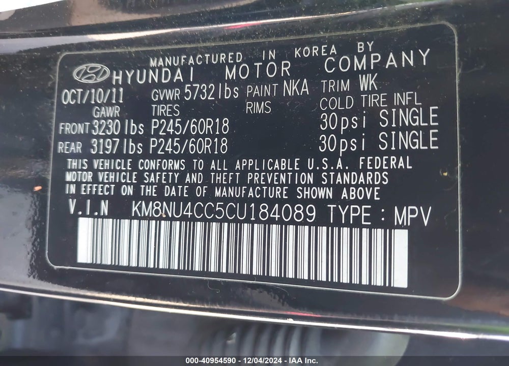 2012 HYUNDAI VERACRUZ LIMITED VIN: KM8NU4CC5CU184089