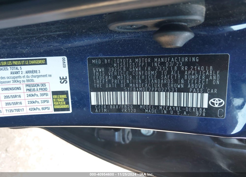 2023 TOYOTA COROLLA LE VIN: 5YFB4MDE7PP027531