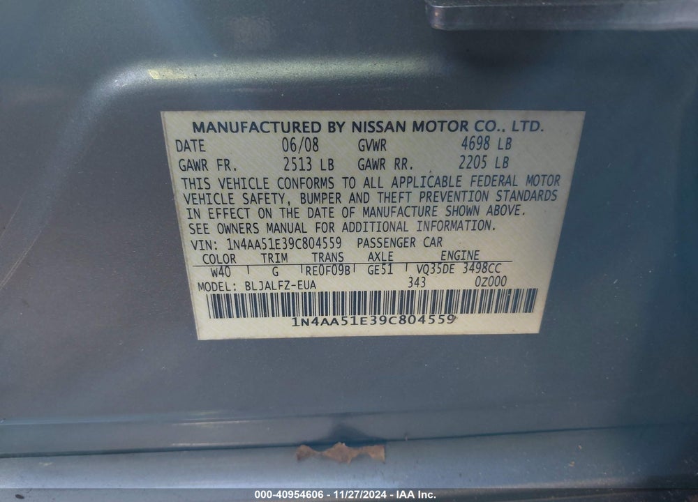 2009 NISSAN MAXIMA 3.5 SV VIN: 1N4AA51E39C804559