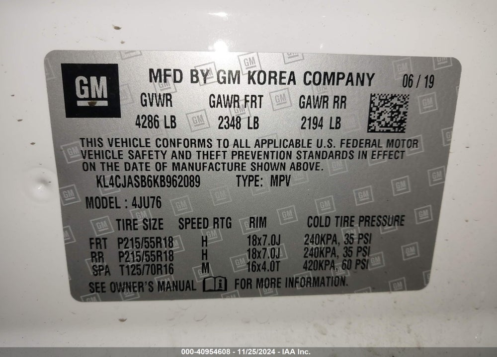 2019 BUICK ENCORE FWD PREFERRED VIN: KL4CJASB6KB962089